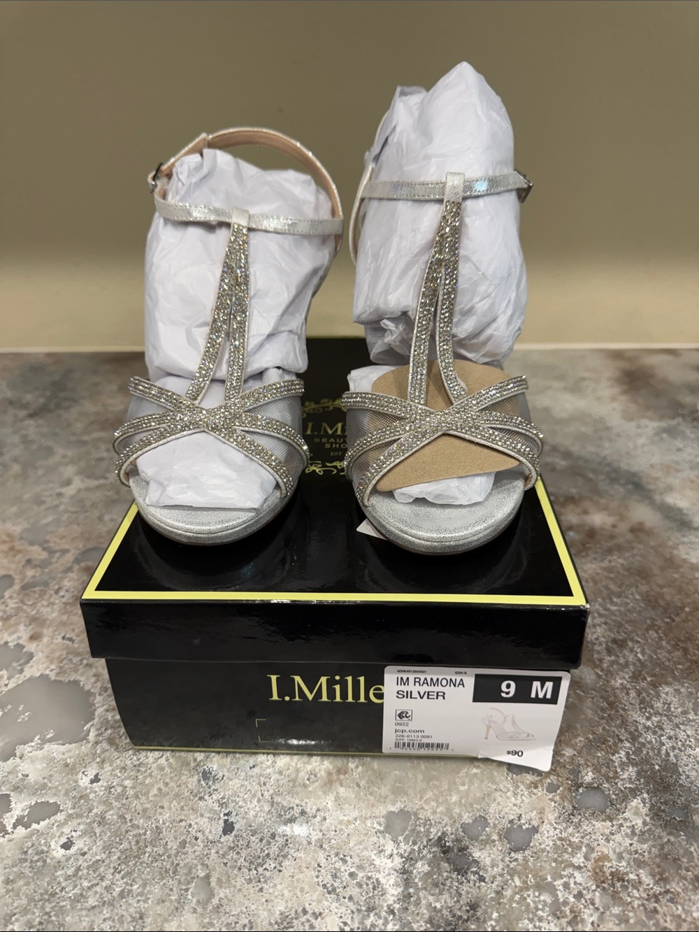 I. Miller Ramona Silver Crystal T-Strap Heeled Sandals - Women's